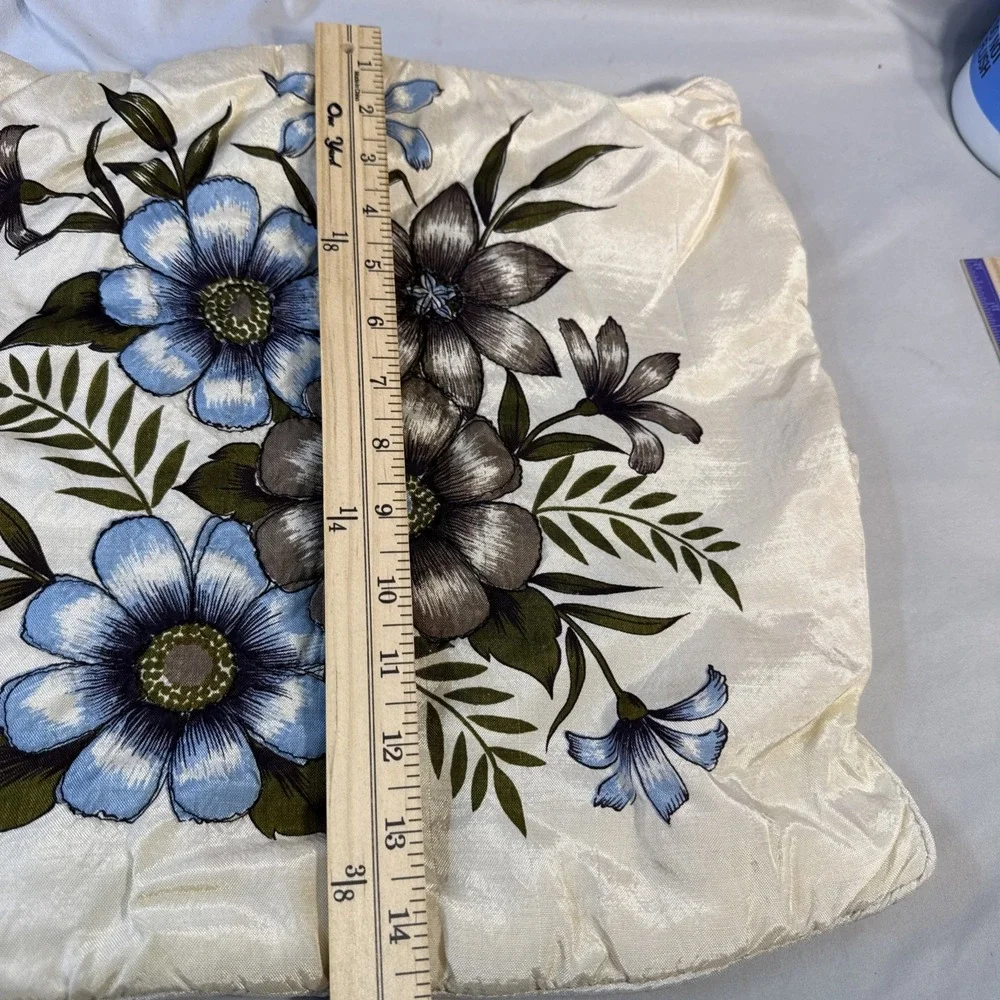 Vintage Plush Floral Pillow Cover Cream Blue Grey Daisy Mid Century Retro
